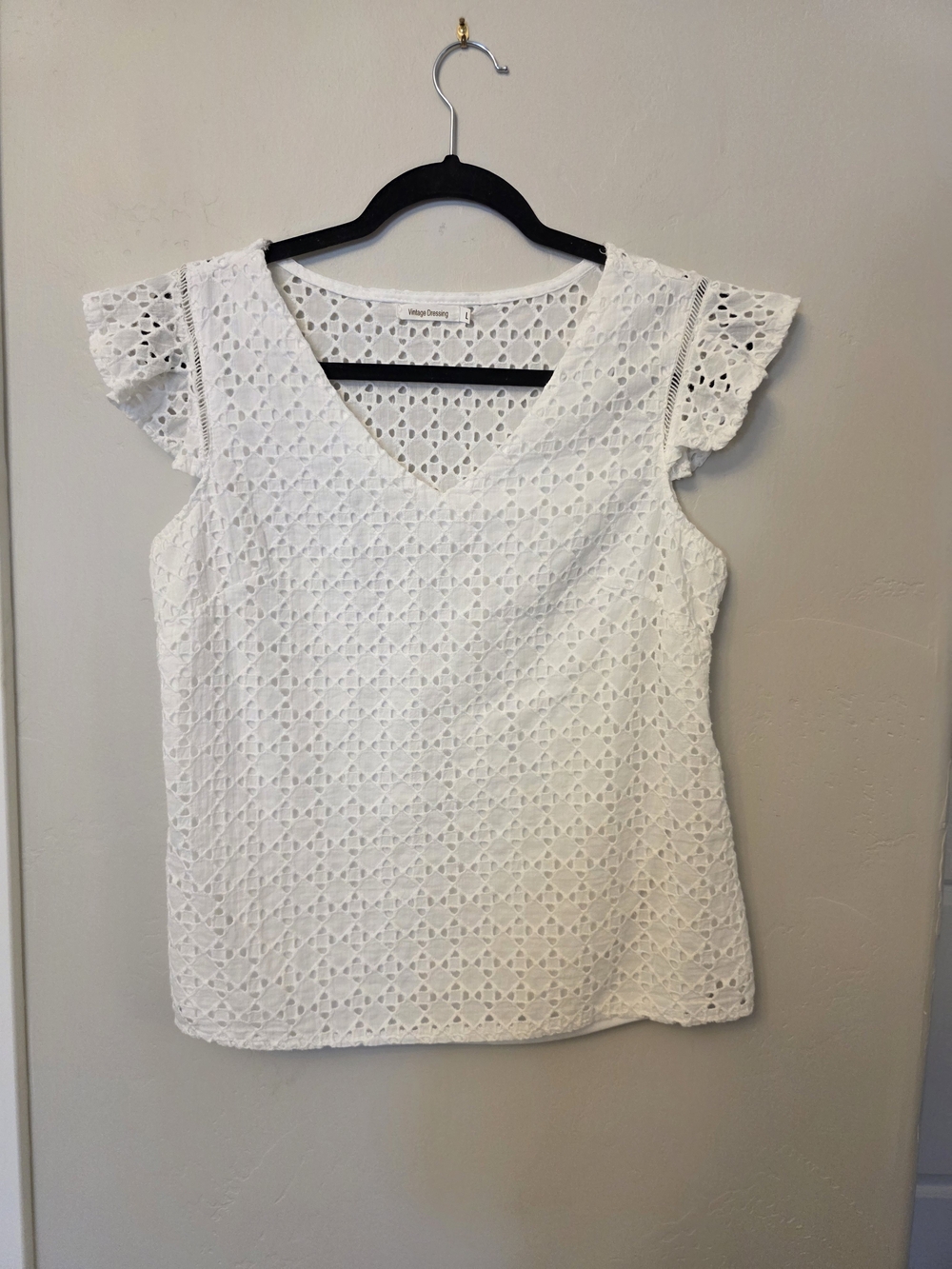 Vintage Dressing White Eyelet Flutter-Sleeve V-Neck Blouse, Size M